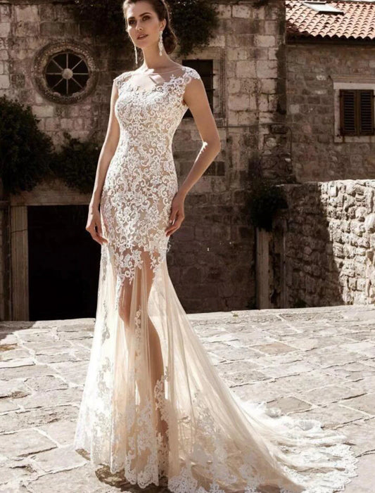 Engagement Formal Wedding Dresses Mermaid / Trumpet Illusion Neck Cap Sleeve Court Train Lace Bridal Gowns With Appliques  Summer Wedding Party  Women's Clothing