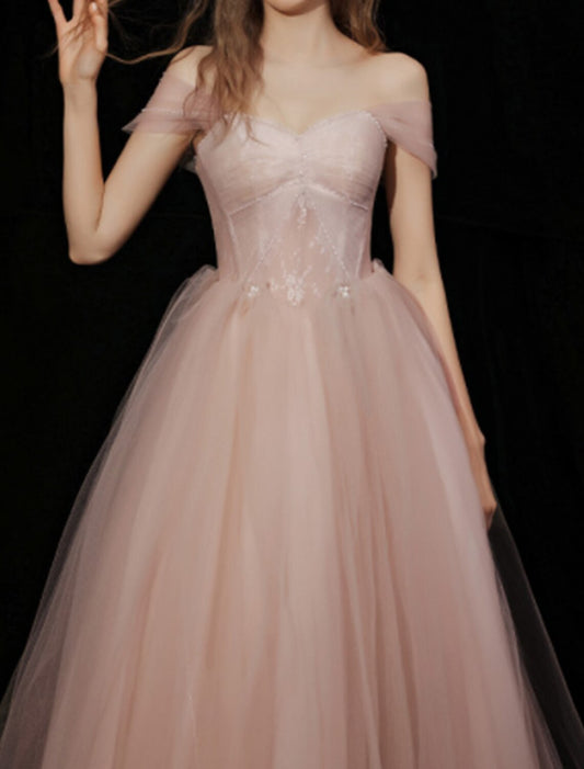 A-Line Glittering Elegant Engagement Formal Evening Dress Strapless Short Sleeve Floor Length Tulle with Pleats Beading