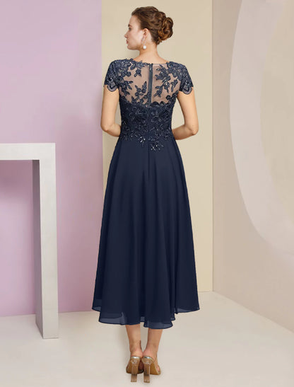 Two Piece A-Line Mother of the Bride Dress Formal Wedding Guest Elegant Scoop Neck Tea Length Chiffon Lace Short Sleeve Fall Wrap Included with Pleats Sequin Appliques