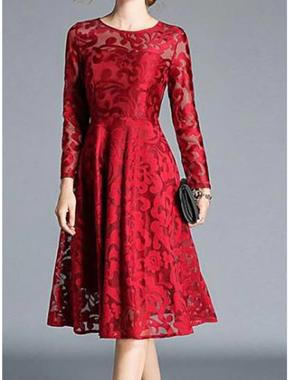 Women's Party Dress Lace Dress Swing Dress Midi Dress Wine Red Black Blue Long Sleeve Pure Color Lace Winter Fall Spring Crew Neck Elegant Party Winter Dress Wedding Guest