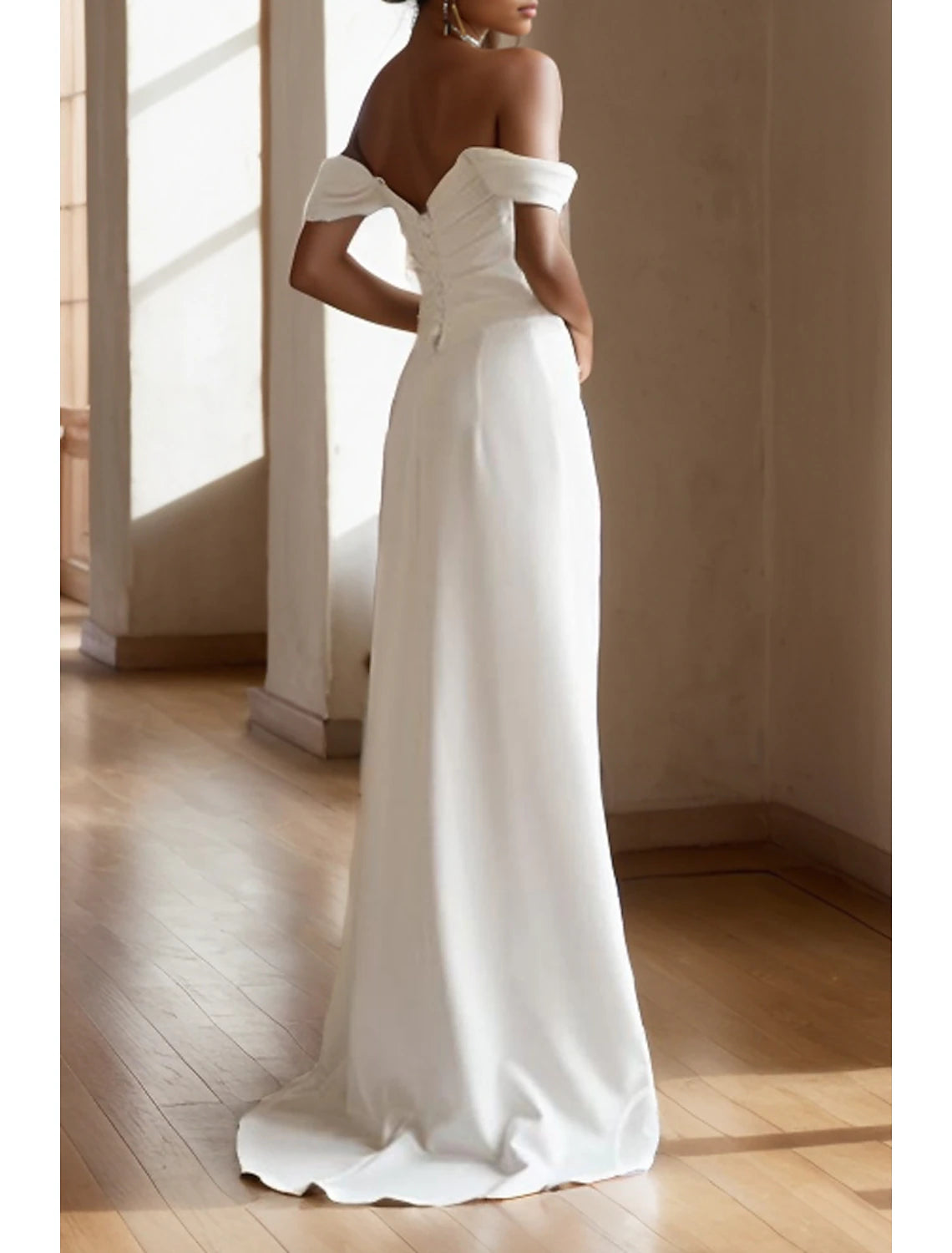 Engagement Little White Dresses Simple Wedding Dresses Sheath / Column Off Shoulder Sleeveless Sweep / Brush Train Satin Bridal Gowns With Ruched Split Front