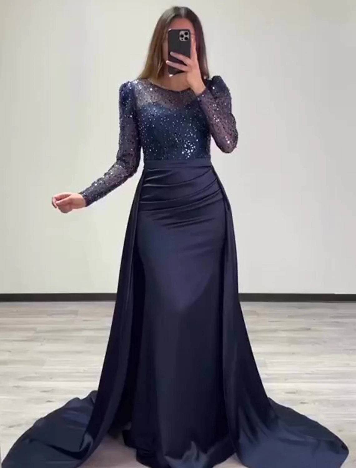 Mermaid Sequin Evening Gown Ruched Satin Dress Long Sleeves Floor Length Sparkle Illusion Neck Fall Wedding Guest Dress with Pearls Overskirt