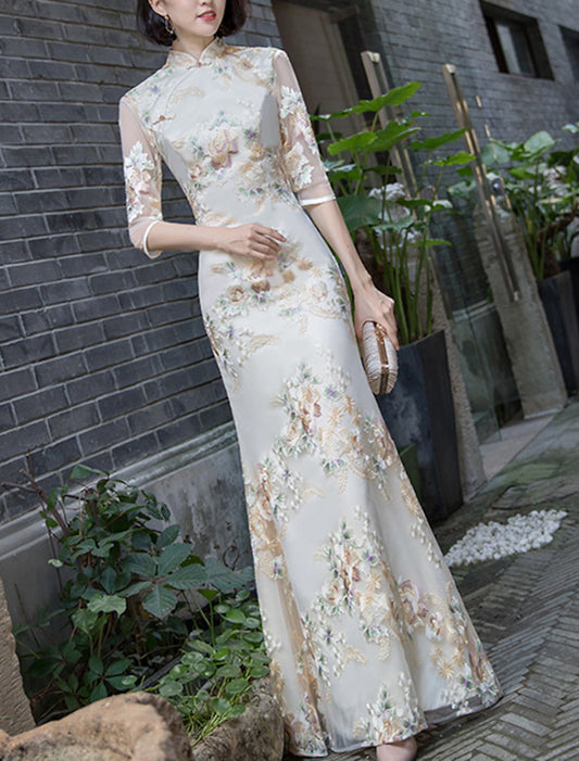 Sheath / Column Cheongsam Chinese Qipao Vintage Wedding Guest Formal Evening Dress High Neck Half Sleeve Floor Length Satin with Embroidery