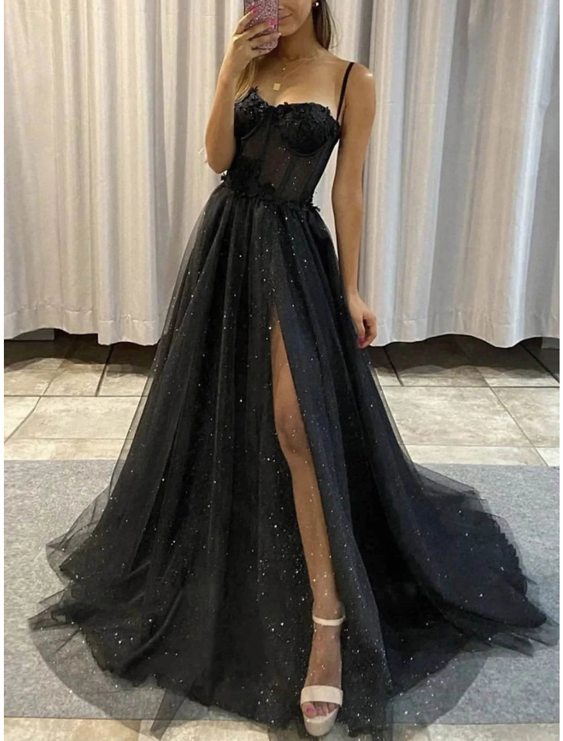 A-Line Prom Dresses Glitter Black Dress Plus Size Wedding Dresses Formal Gothic Dress Floor Length Sleeveless Sweetheart Spaghetti Tulle with Slit 2024