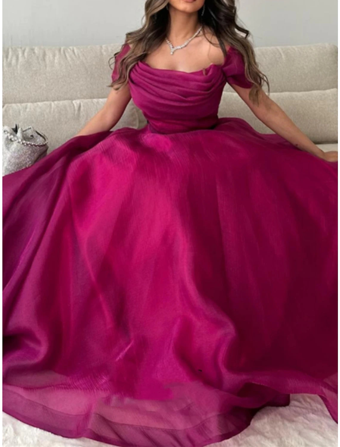 A-Line Prom Dresses Elegant Dress Formal Sweep / Brush Train Short Sleeve Off Shoulder Tulle with Pleats Ruched 2024