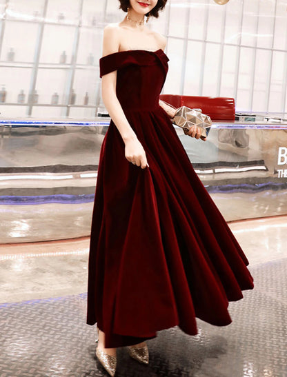 A-Line Evening Gown Elegant Dress Wedding Guest Formal Evening Ankle Length Short Sleeve Off Shoulder Velvet with Sleek 2024