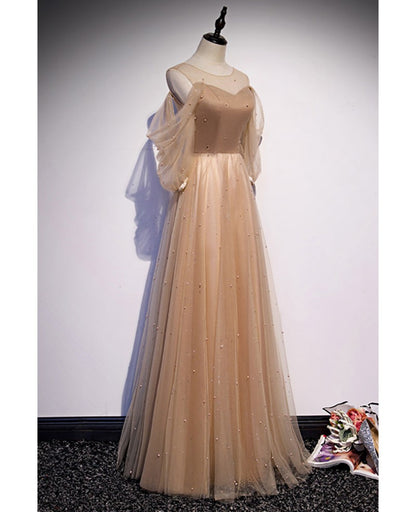 Noble and Elegant Champagne Beaded Long sleeved Off Shoulder Ball Dress Champagne A-line Princess Off Shoulder Strap and Floor Length Prom Dress