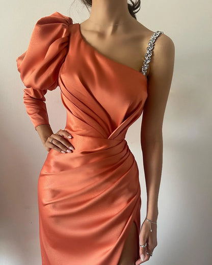 Elegant front slit long sleeved evening dress