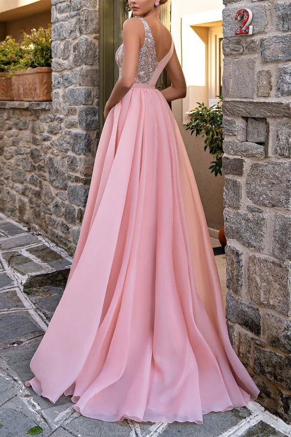 Pink V-neck A-line slit sparkling sleeveless long evening dress