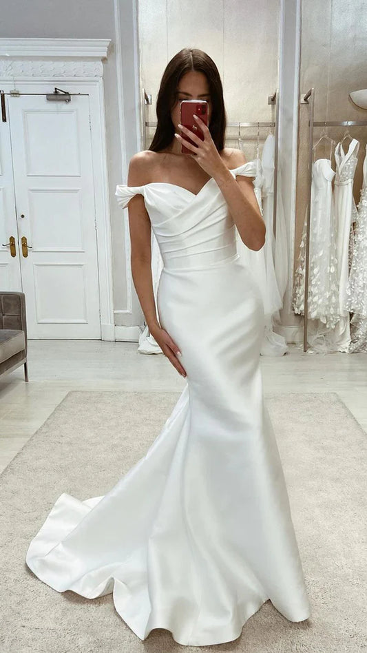 Unique satin flared off shoulder pleated train beach wedding dress