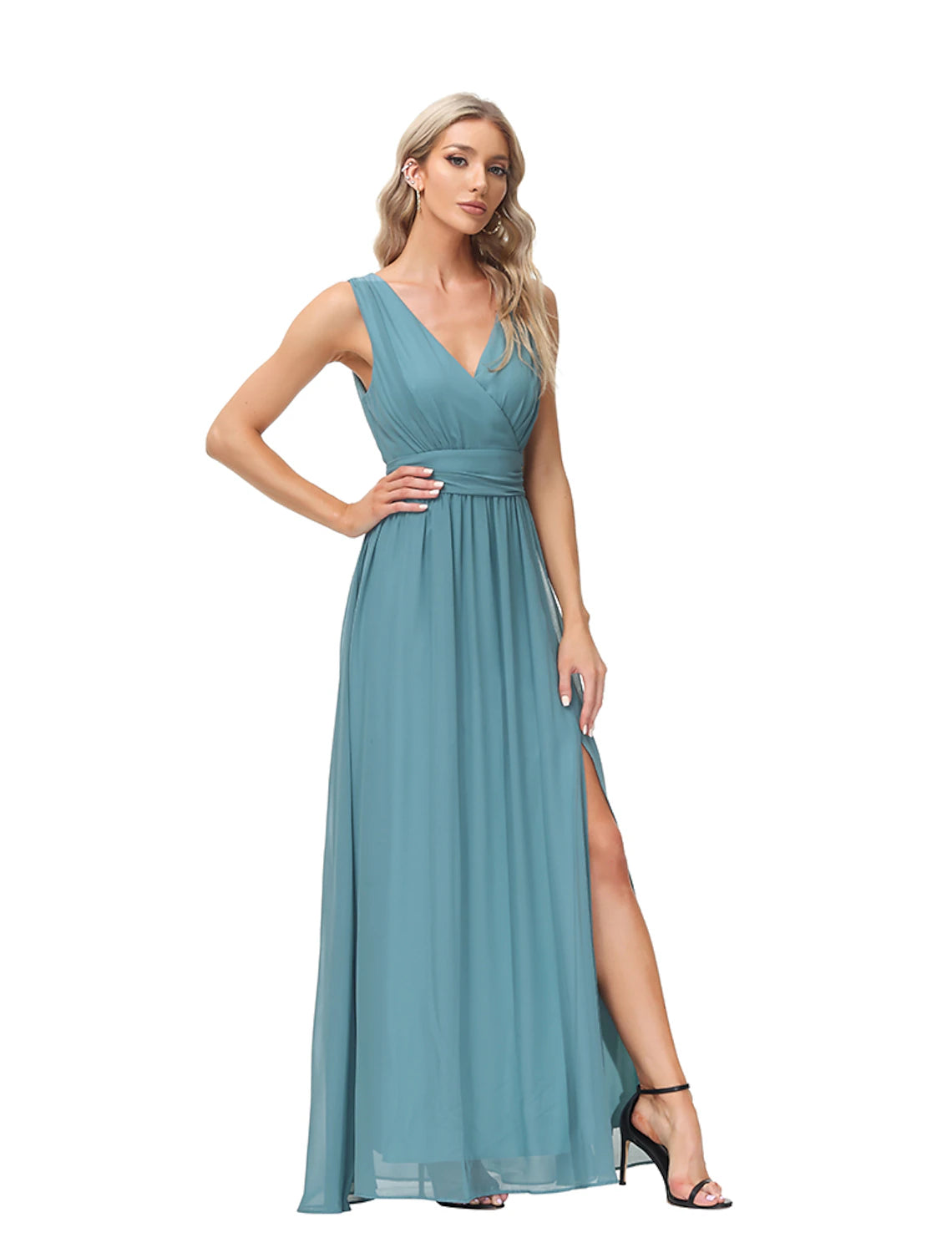 A-Line Evening Gown Elegant Dress Wedding Guest Party Wear Floor Length Sleeveless V Neck Bridesmaid Dress Chiffon V Back with Slit