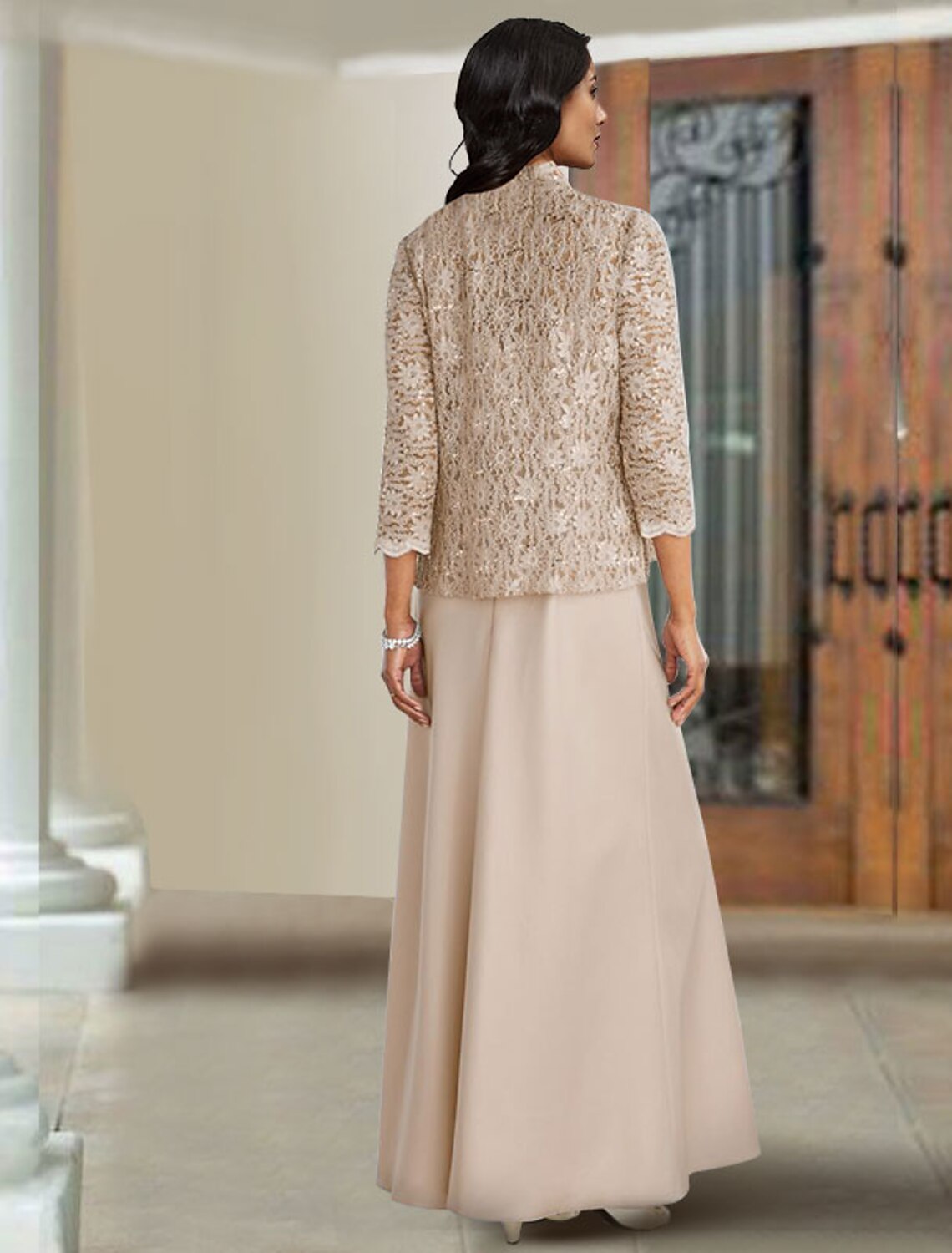 Two Piece A-Line Mother of the Bride Dress Elegant Square Neck Spaghetti Strap Floor Length Chiffon Lace Sleeveless Wrap Included with Solid Color