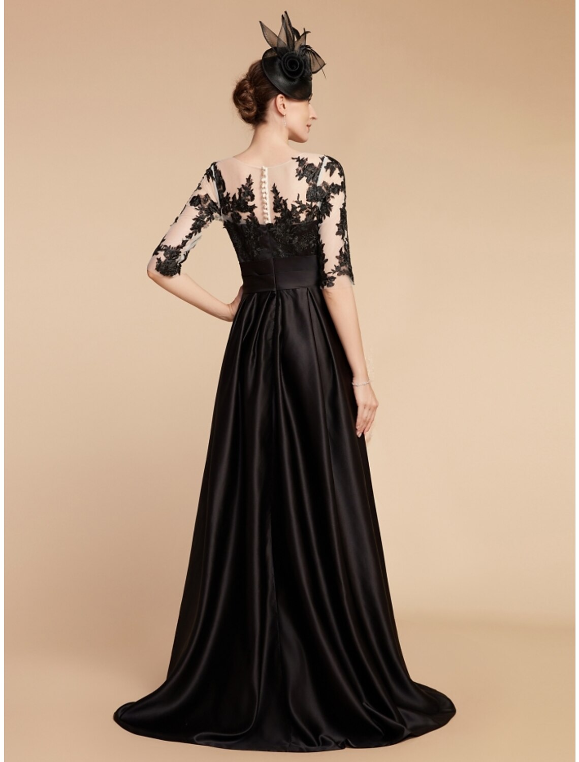 A-Line Mother of the Bride Dress Wedding Guest Elegant Party Jewel Neck Sweep / Brush Train Satin Lace Half Sleeve with Split Front Ruching Solid Color