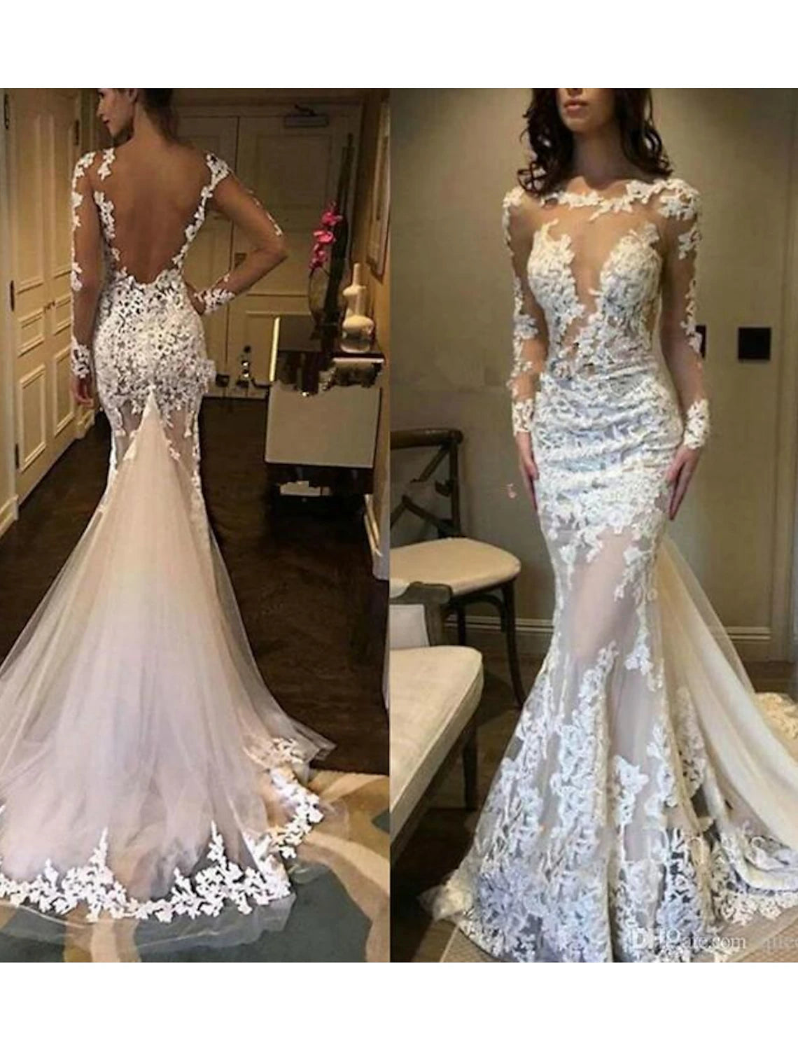 Engagement Formal Wedding Dresses Mermaid / Trumpet Jewel Neck Long Sleeve Court Train Lace Bridal Gowns With Pleats Appliques