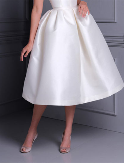 Bridal Shower Little White Dresses Simple Wedding Dresses A-Line Off Shoulder Cap Sleeve Tea Length Satin Bridal Gowns With Solid Color