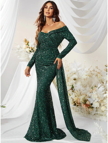 Mermaid Evening Gown Sparkle Christma Green Dress Formal Wedding Guest Sweep / Brush Train Long Sleeve Off Shoulder Polyester with Sequin