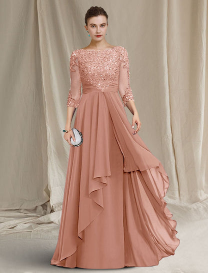 A-Line Mother of the Bride Dress Luxurious Elegant Jewel Neck Floor Length Chiffon Lace Sequined 3/4 Length Sleeve with Pleats Beading Appliques