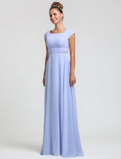 Sheath / Column Bridesmaid Dress Square Neck Short Sleeve Elegant Floor Length Chiffon with Sash / Ribbon / Pleats