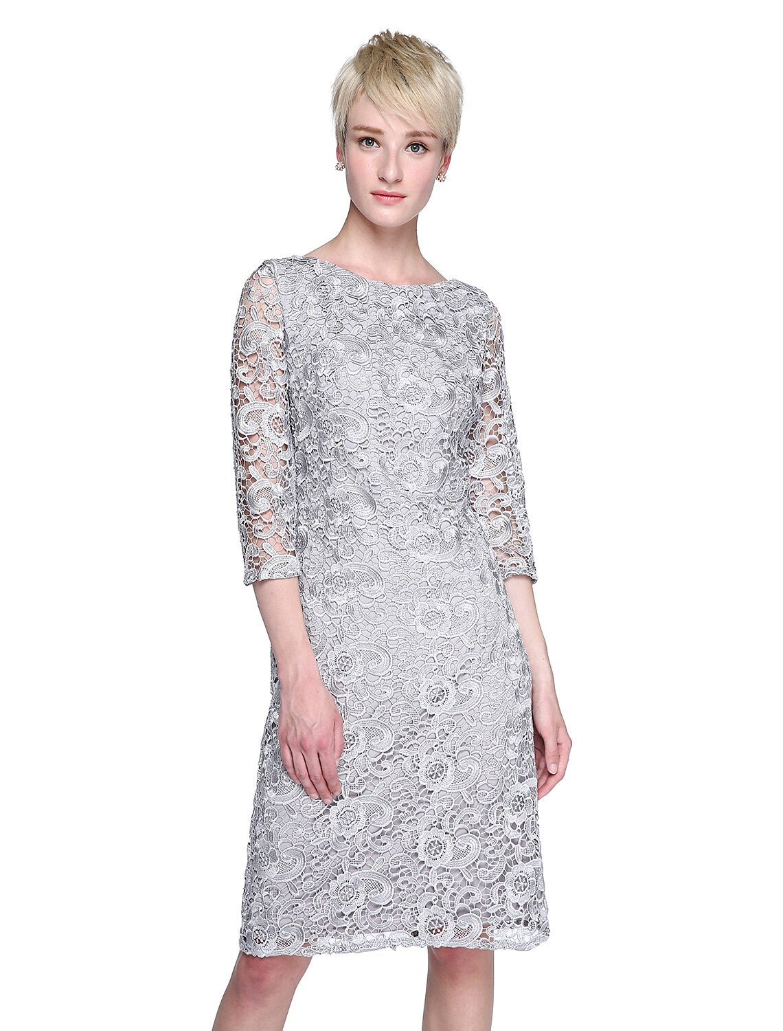 Sheath / Column Mother of the Bride Dress Open Back Jewel Neck Knee Length Lace 3/4 Length Sleeve No with Lace