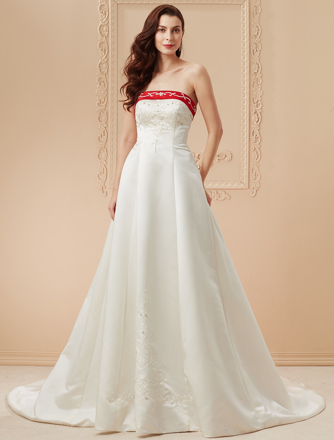 Open Back Wedding Dresses Sweep / Brush Train Ball Gown Strapless Strapless Satin With Embroidery Appliques