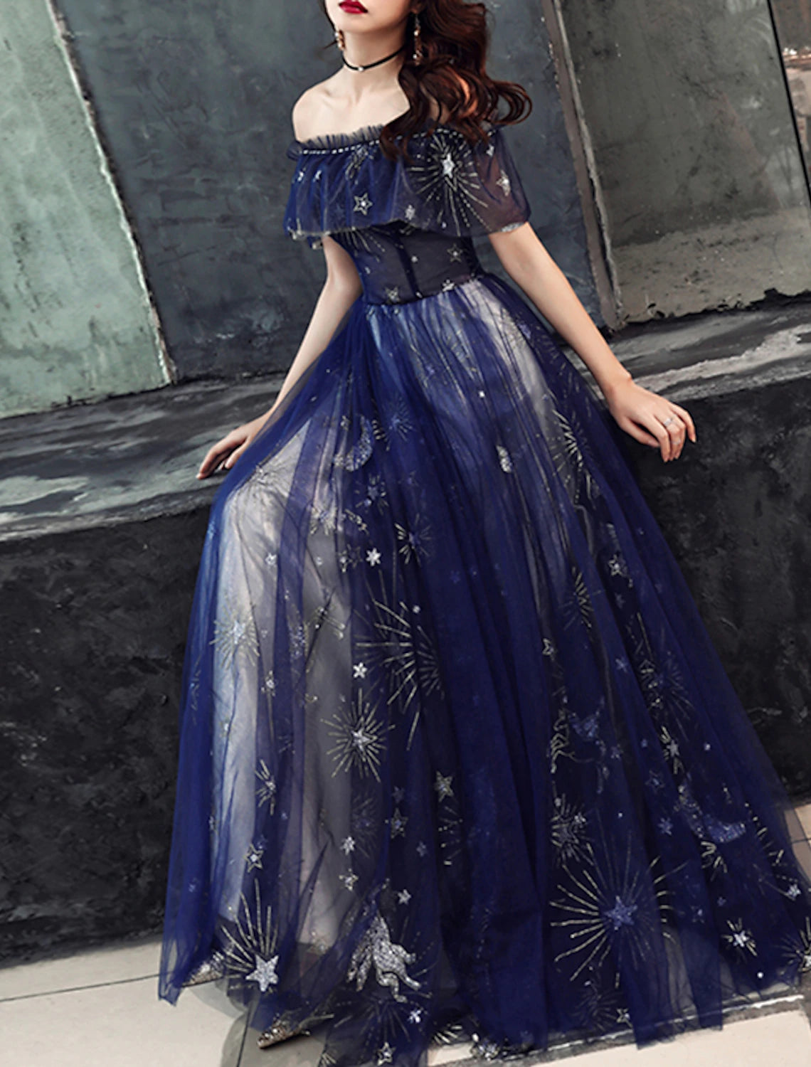 A-Line Sparkle Prom Formal Evening Dress Off Shoulder Short Sleeve Floor Length Tulle with Beading Pattern / Print