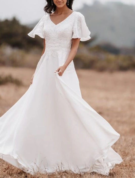 Little White Dresses Wedding Dresses A-Line V Neck Short Sleeve Floor Length Chiffon Bridal Gowns With Appliques