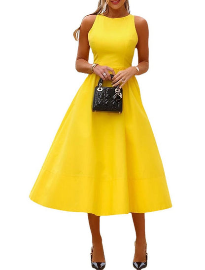 Women's Party Dress Homecoming Dress Cocktail Dress Midi Dress Yellow Sleeveless Pure Color Ruched Summer Spring Crew Neck Fashion Wedding Guest Vacation Summer Dress