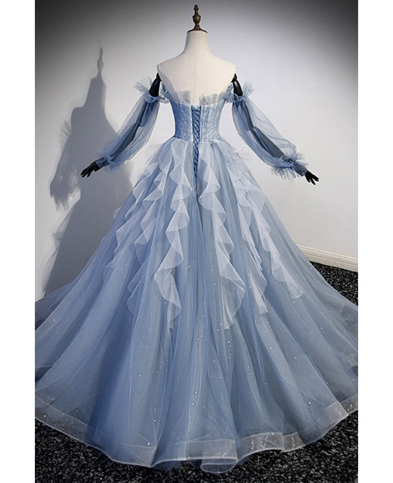 Sweet and elegant sky blue beaded sequins off the shoulder long sleeved ball dress sky blue A-line/princess strapless backless strap and ground length prom dress