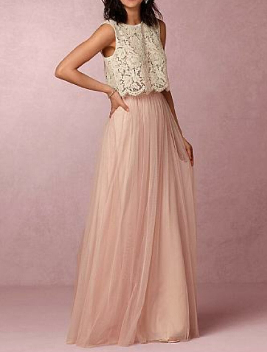 A-Line Bridesmaid Dress Jewel Neck Sleeveless Two Piece Floor Length C