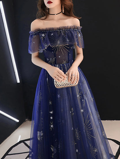 A-Line Sparkle Prom Formal Evening Dress Off Shoulder Short Sleeve Floor Length Tulle with Beading Pattern / Print