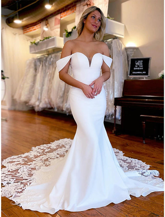 Formal Wedding Dresses Mermaid / Trumpet Off Shoulder Sleeveless Chapel Train Stretch Fabric Bridal Gowns With Appliques  Summer Wedding Party  Women's Clothing