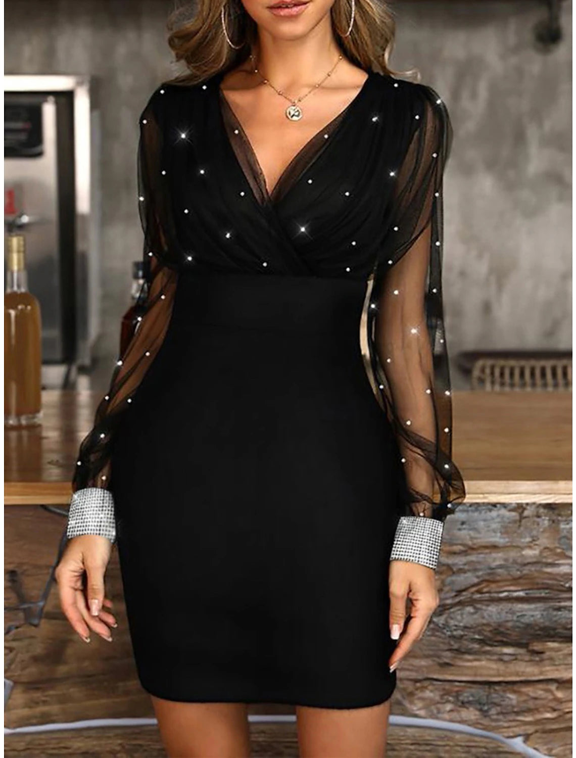 Women‘s Christmas Party Dress Homecoming Dress Cocktail Dress Bodycon Mini Dress Black Wine Blue Long Sleeve Pure Color Ruched Fall Winter Autumn V Neck Fashion Vacation