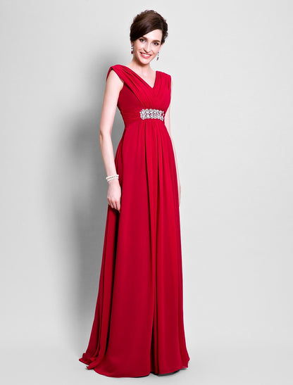 A-Line Mother of the Bride Dress Open Back V Neck Floor Length Chiffon Sleeveless with Beading Side Draping