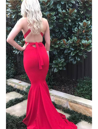 Mermaid / Trumpet Evening Gown Open Back Dress Formal Prom Court Train Sleeveless V Neck Stretch Fabric with Strappy