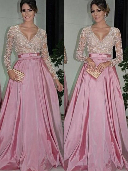 A-Line/Princess Long Sleeves V-neck Floor-Length Lace Taffeta Dresses