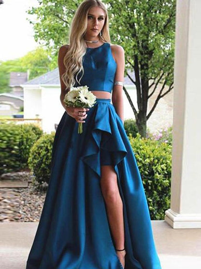 A-Line/Princess Sleeveless Scoop Sweep/Brush Train Ruffles Satin Two Piece Dresses