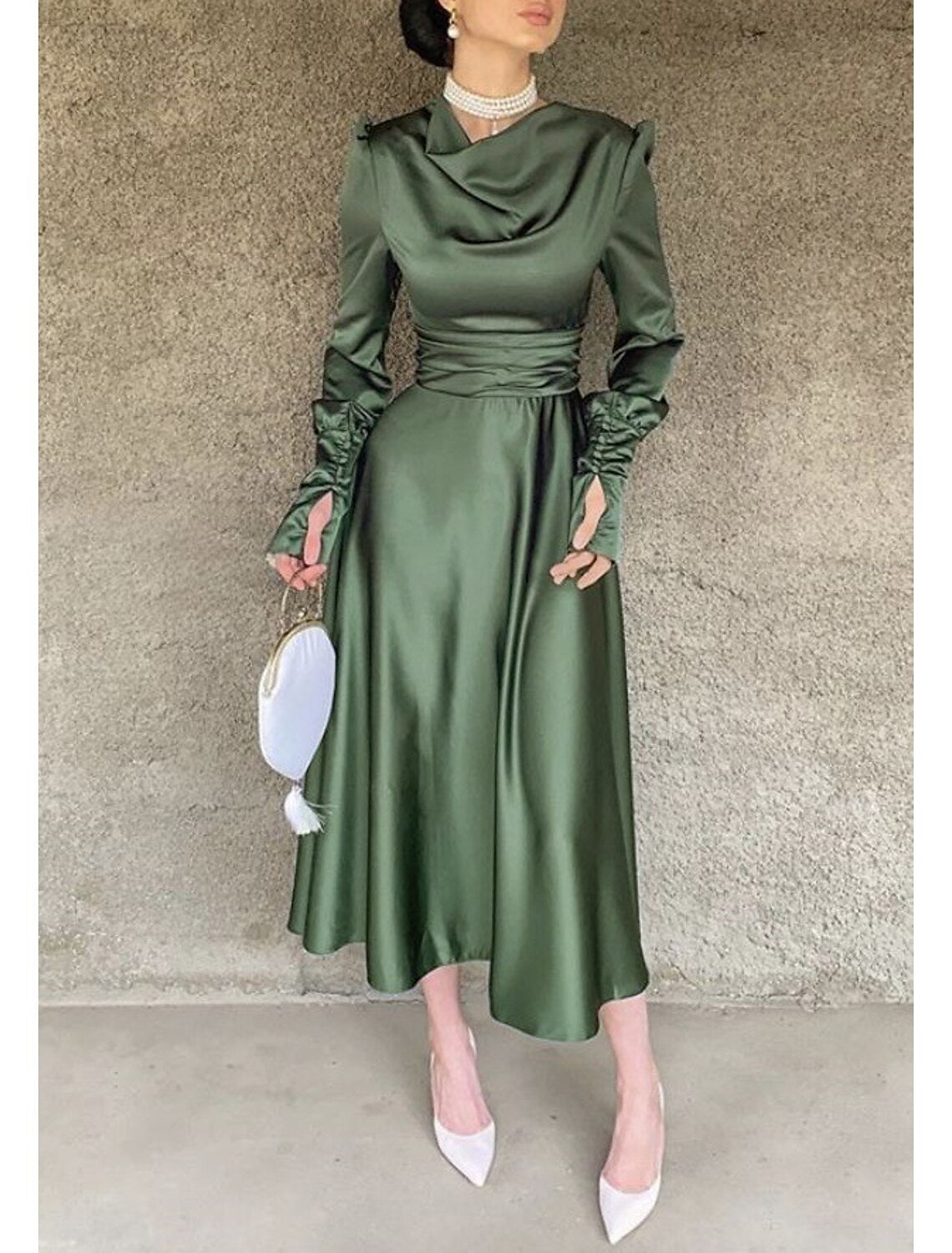 A-Line Cocktail Dress Christmas Red Green Dresses Elegant Dress Wedding Guest Fall Tea Length Long Sleeve Cowl Neck Bridesmaid Dress Red Green Dress Satin with Ruched