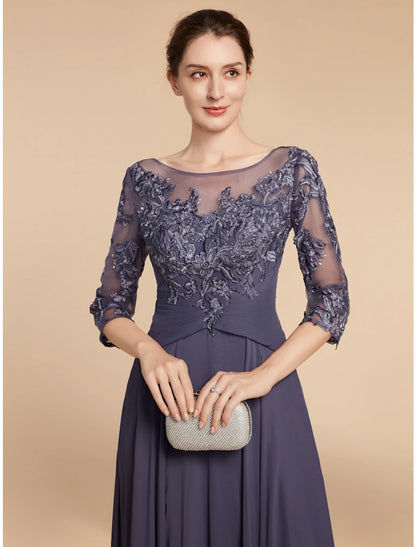 A-Line Mother of the Bride Dress Wedding Guest Elegant Scoop Neck Floor Length Chiffon Lace 3/4 Length Sleeve with Ruching Solid Color