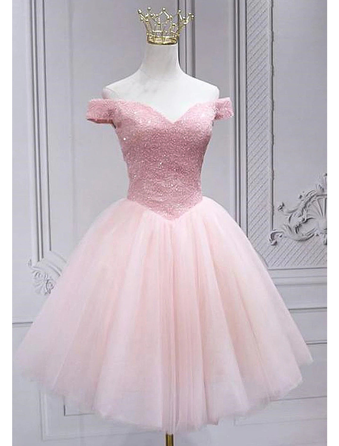 A-Line Homecoming Dresses Sparkle & Shine Dress Party Wear Cocktail Party Knee Length Sleeveless Off Shoulder Pink Dress Tulle with Sequin