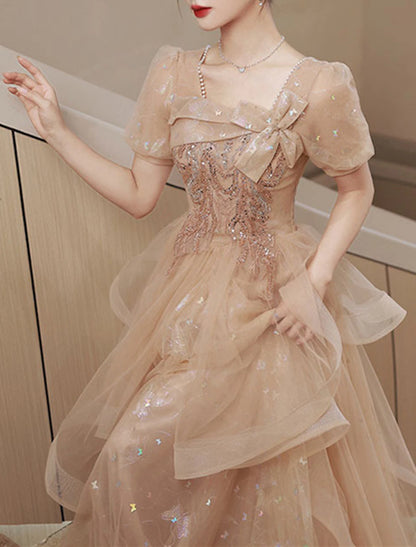 A-Line Party Dresses Elegant Dress Wedding Guest Prom Floor Length Short Sleeve Square Neck Tulle with Bow(s) Sequin