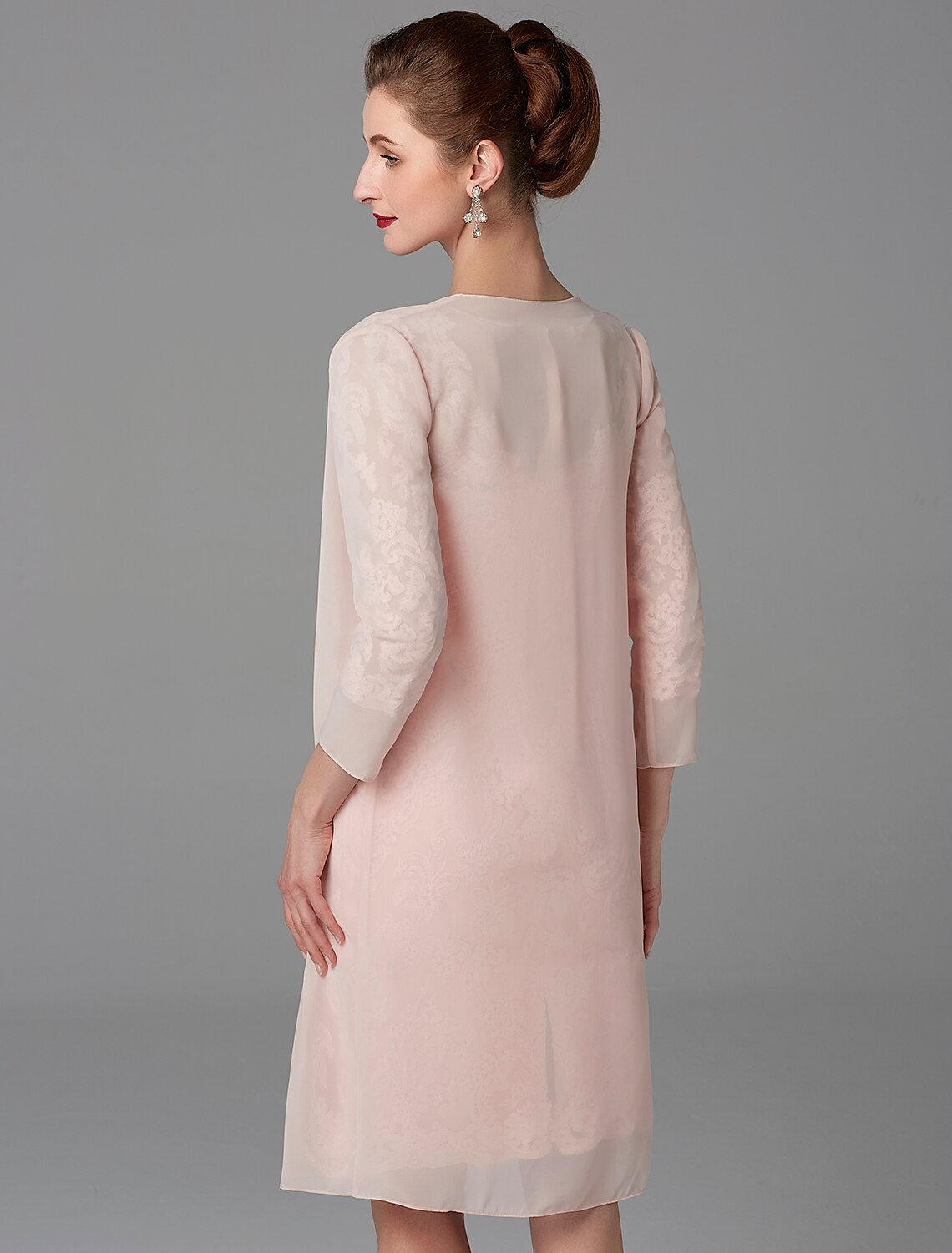 Two Piece Sheath / Column Mother of the Bride Dress Church Sparkle & Shine Jewel Neck Knee Length Chiffon Lace 3/4 Length Sleeve Jacket Dresses with Beading Appliques