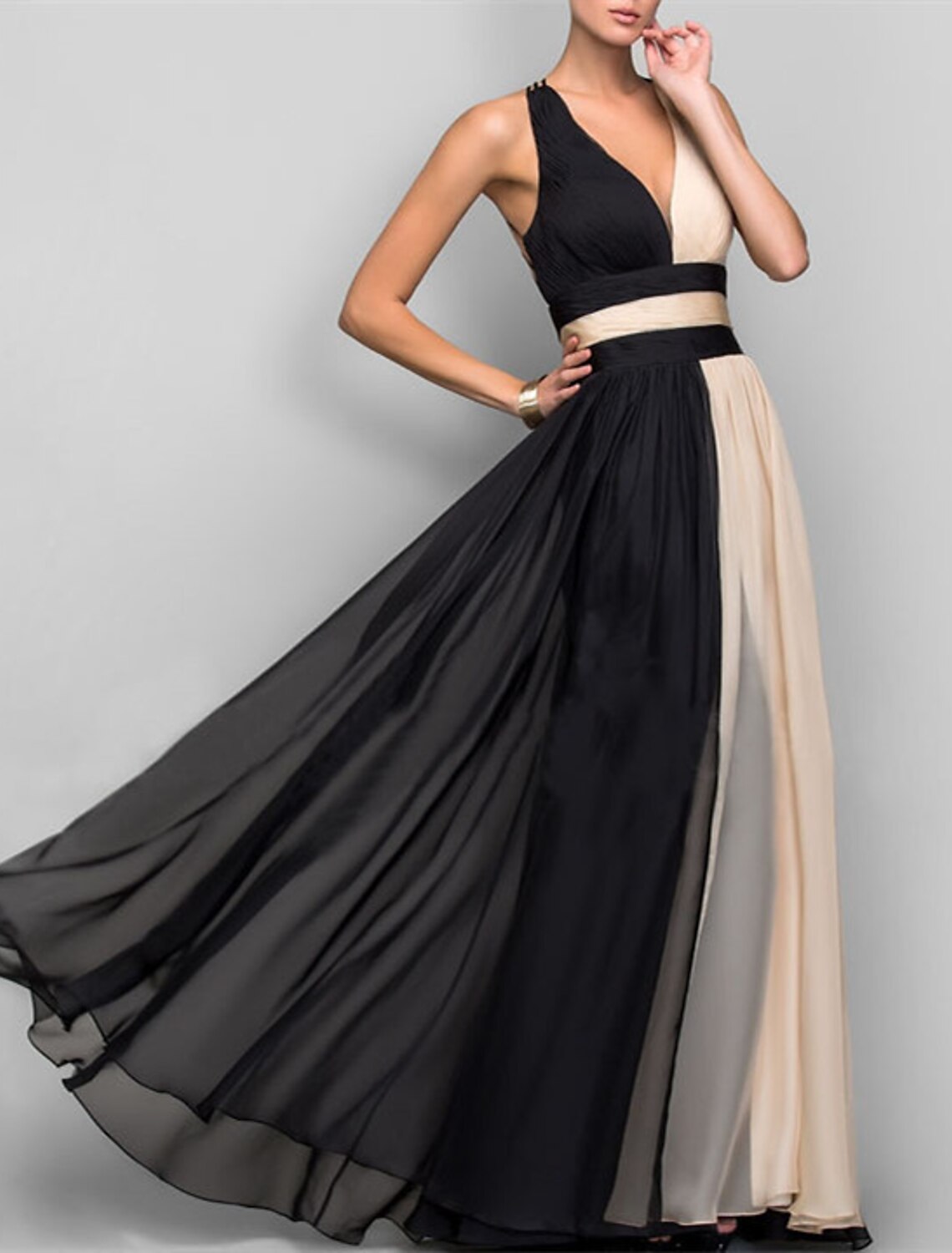 A-Line Evening Gown Color Block Dress Wedding Reception Floor Length Sleeveless V Neck Chiffon with Ruched