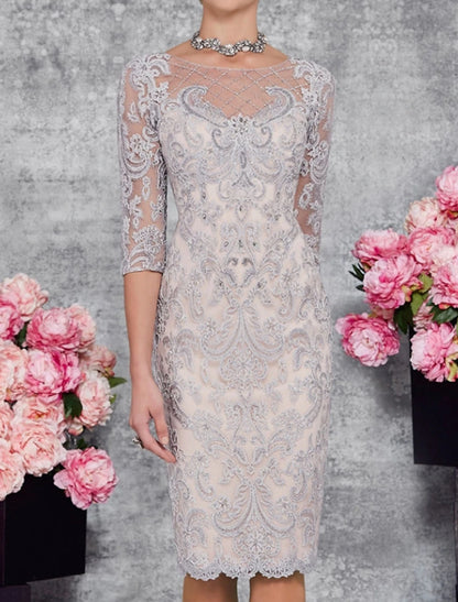 Two Piece Sheath / Column Mother of the Bride Dress Wedding Guest Church Elegant Illusion Neck Knee Length Lace 3/4 Length Sleeve Jacket Dresses with Embroidery