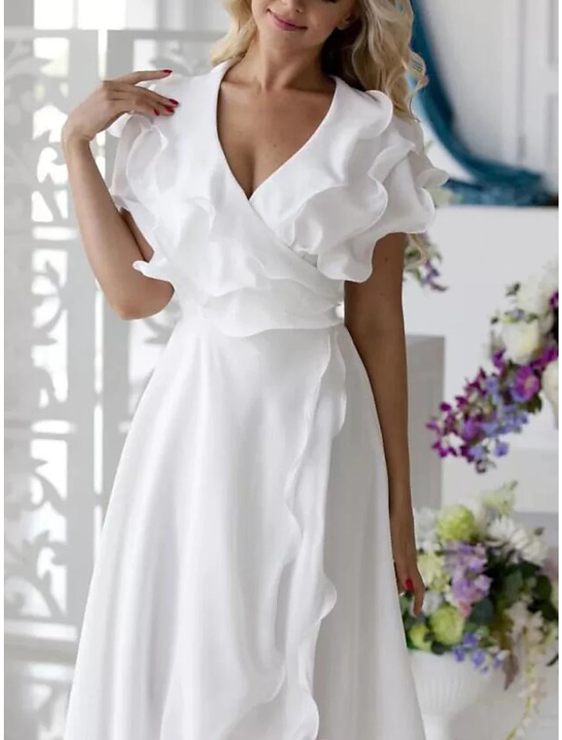 A-Line Simple Wedding Dress Little White Dress Elegant High Low V Neck Plus Size Asymmetrical Chiffon Short Sleeve with Ruffles Split Front