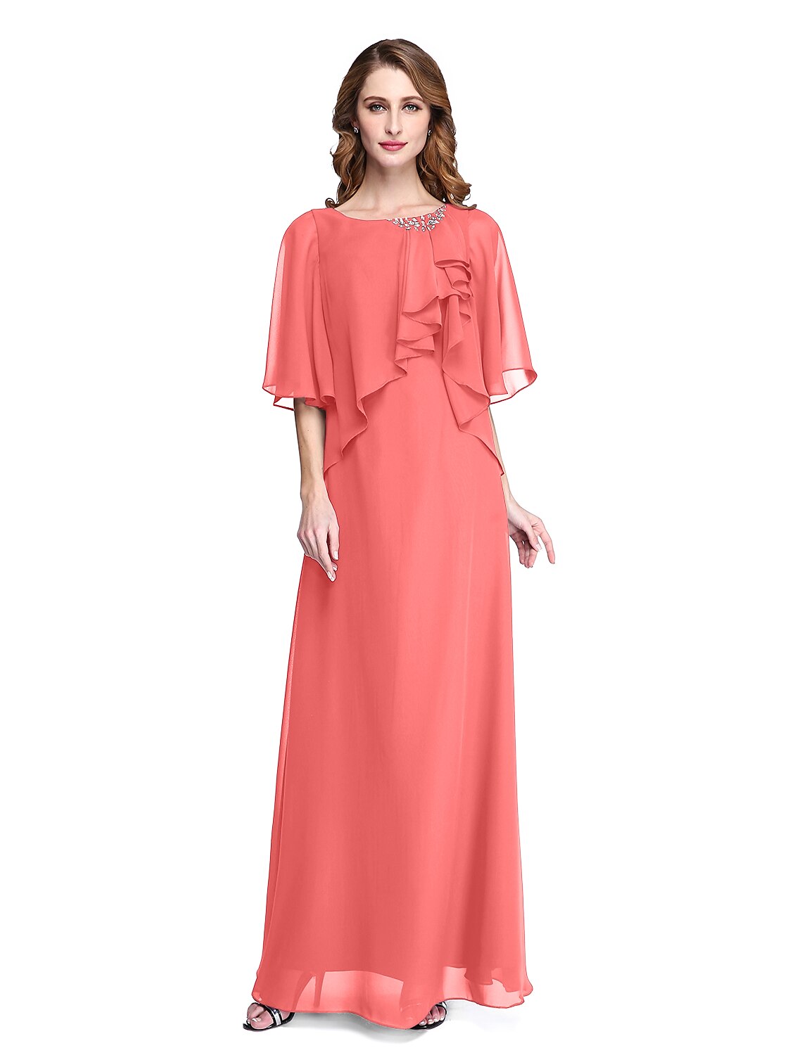 Sheath / Column Mother of the Bride Dress Elegant Open Back Jewel Neck Floor Length Chiffon Half Sleeve with Pleats Beading Ruffle