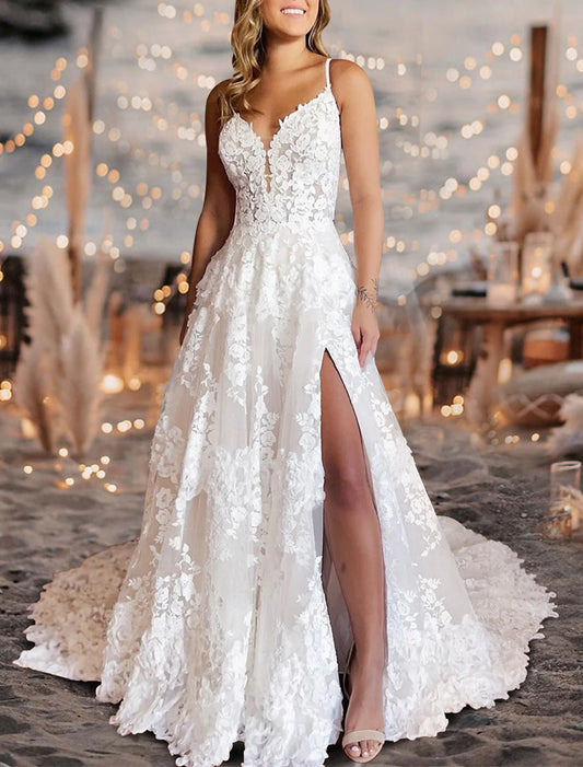 Beach Mature Wedding Dresses A-Line Camisole Sleeveless Court Train Lace Bridal Gowns With Pleats Split Front