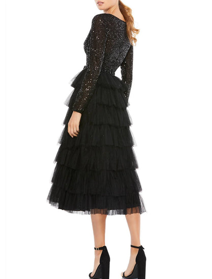 A-Line Cocktail Dresses Sparkle Black Dress Plus Size Party Wear Wedding Guest Tea Length Long Sleeve Jewel Neck Fall Wedding Guest Tulle with Sequin Tiered 2024