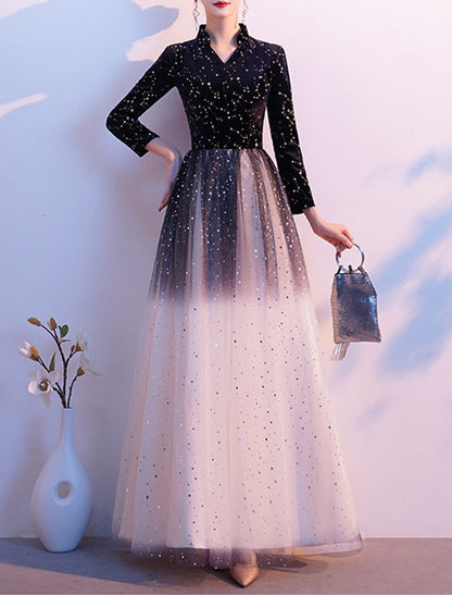 A-Line Glittering Elegant Prom Formal Evening Dress Queen Anne Long Sleeve Floor Length Tulle with Sequin 2024