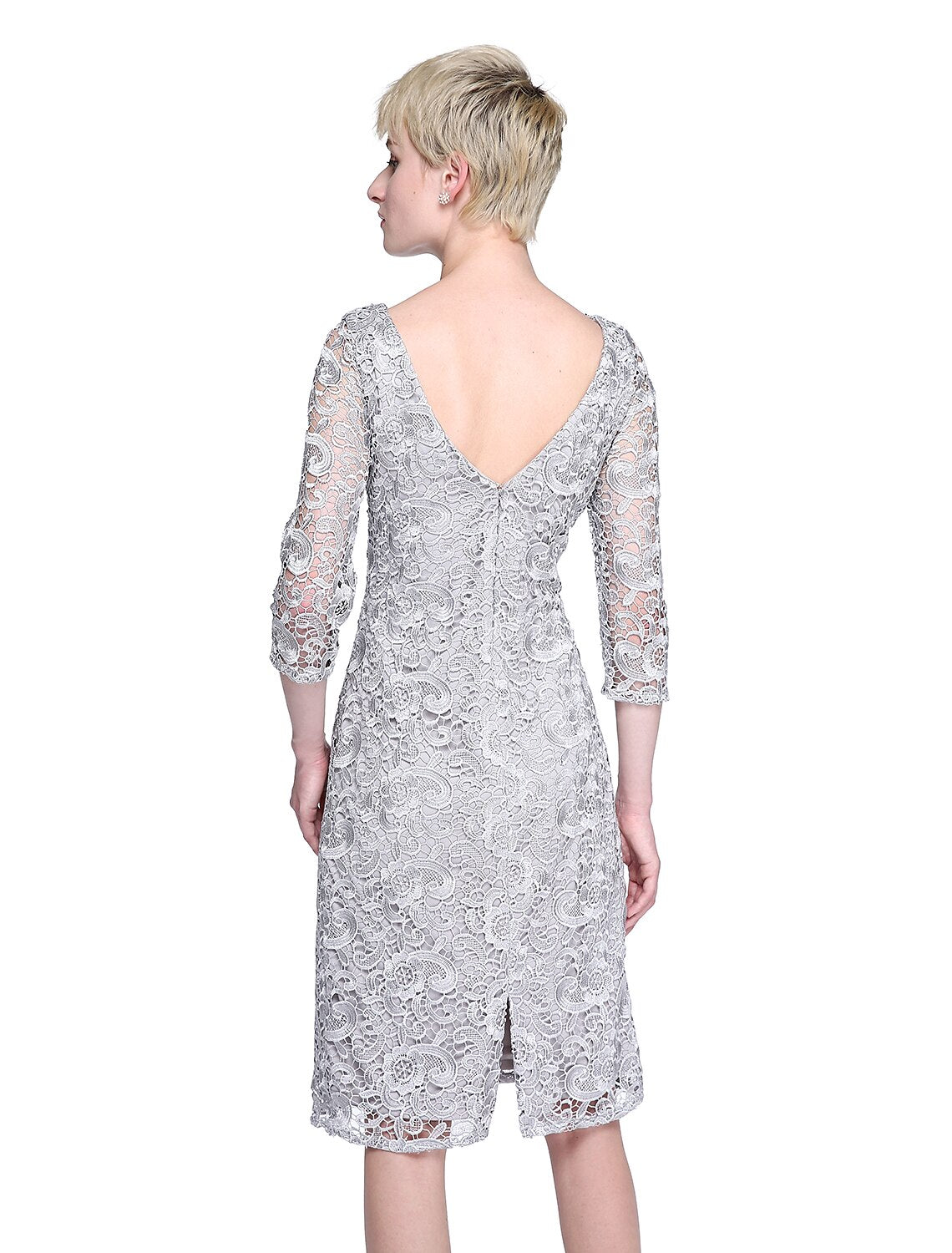 Sheath / Column Mother of the Bride Dress Open Back Jewel Neck Knee Length Lace 3/4 Length Sleeve No with Lace