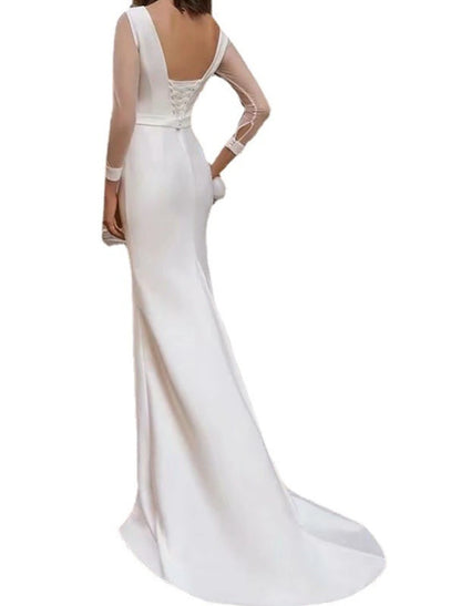 Reception Royal Style Simple Wedding Dresses Mermaid / Trumpet Scoop Neck Long Sleeve Sweep / Brush Train Satin Bridal Gowns With Solid Color Summer Wedding Party